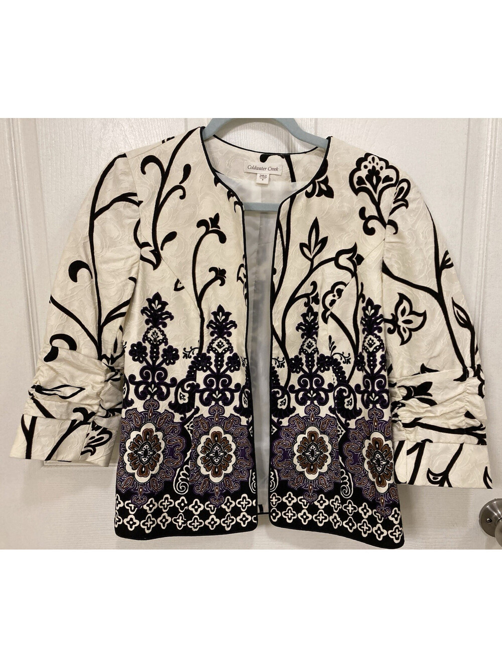 Coldwater Creek Jacket Blazer Women’s 4 Purple Floral Quilted Ruched Sleeves